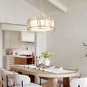 17.7" Gold Drum Chandelier for Dining Room, Geometric Modern Chandelier | 4-Light Modern Chandelier with White Fabric Shade, Adjustable Height Drum Chandeliers for Foyer Kitchen Island Bedroom, 17.7" W 7.1" H