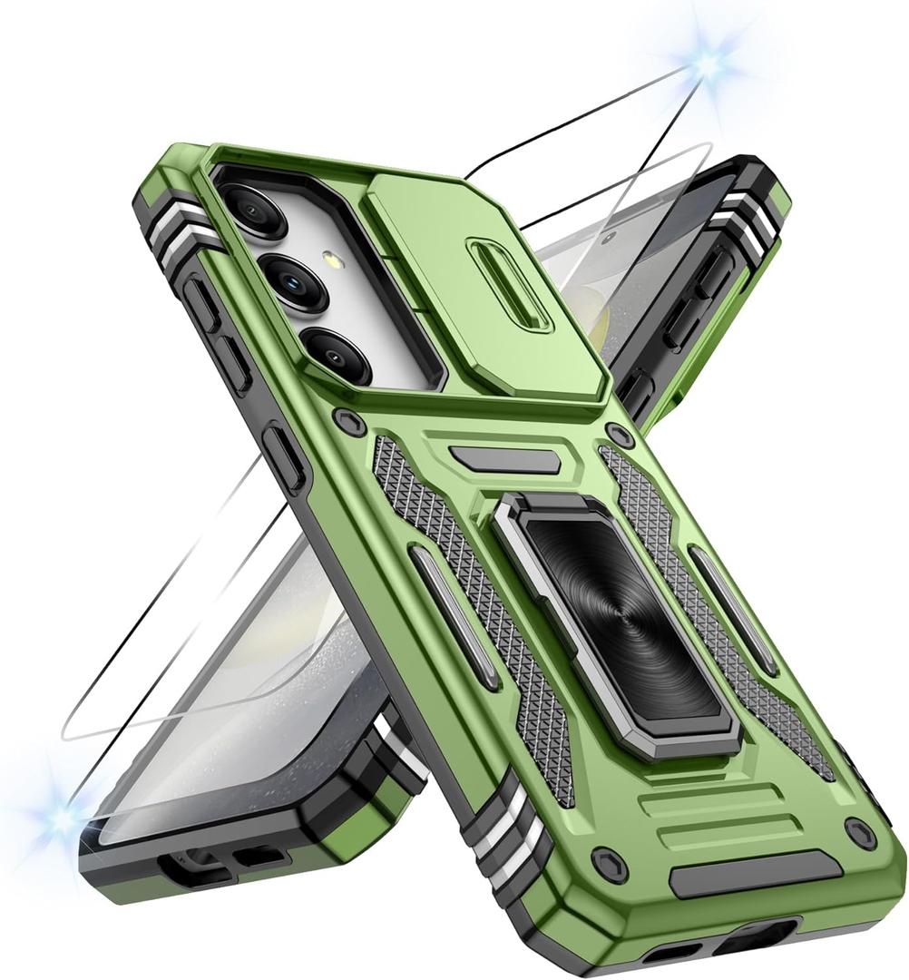 ATUMP for Samsung Galaxy S24 Plus Case with [2Pcs] HD Screen Protector & Slide Camera Cover, Rotated Ring Kickstand [Military Grade Shockproof] Protective Case for Galaxy S24 Plus 6.7", Olive Green