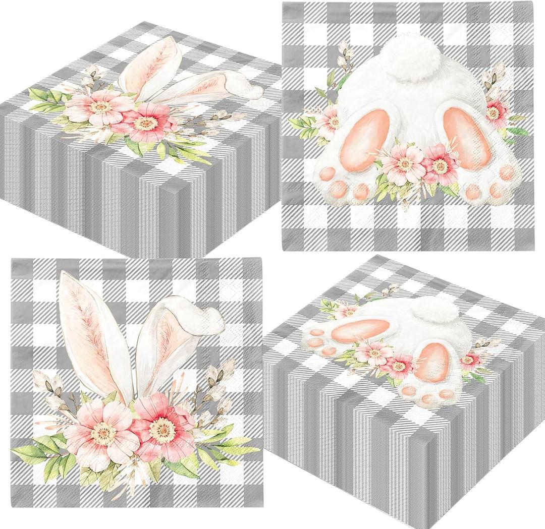 48Pcs Happy Easter Napkins Paper with Cute Bunny Flower and Gray Gingham, Easter Party Supplies Disposable Bunny Luncheon Napkins for Spring Holiday Birthday Party Baby Shower Dinner Kitchen Bathroom