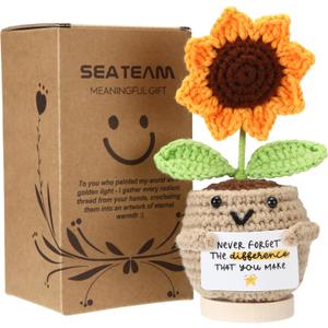 Sea Team Handmade Positive Sunflower Crochet Doll with Emotional Support Card, Knitted Artificial Flower, Christmas Decoration, Appreciation Thank You Gift for Teacher, Mentor, Coworker, Nurse