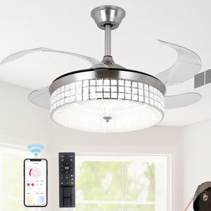 STERREN Retractable Ceiling Fans with Lights and Remote Control, 42 Inch Modern Invisible Blades LED Ceiling Fan, Crystal Chandelier, Fandelier for Living Room, Bedroom, Dining Room (Silver)