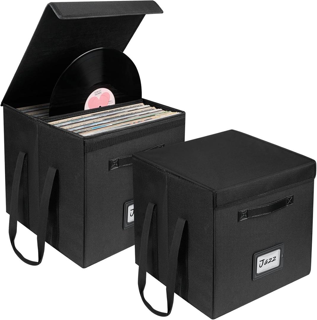 Uniclife 2 Pack Vinyl Record Storage Box, Collapsible LP Storage Organizer with Lid & Handles, Splash-Resistant Album Storage Crate for 120 Single Records (12"), Vinyl Record Holder, 13" 13" 13"