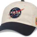 American Needle NASA Officially Licensed United Slouch Baseball Dad Buckle Strap Hat, Ivory/Navy (43570A-NASA)