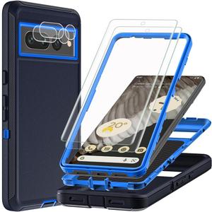 for Google Pixel 7 Pro Case with 2Pcs Self Healing Flexible TPU Screen Protector & Camera Lens Protector, 3 in 1 Heavy Duty Shockproof/Drop Proof/Dust Proof Case (Navy Blue)