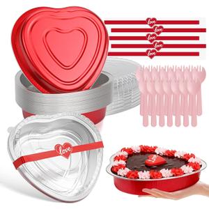 33oz Heart Shaped Cake Pans with Lids and Spoons,15pcs Aluminum Foil Disposable Heart Baking Cups,Cupcake Liners Tins Containers for Parties, Weddings