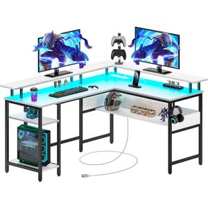 Rolanstar Computer Desk L Shaped 56.7" with LED Lights and Power Outlets, Reversible L Shaped Gaming Desk with Monitor Stand, Home Office Desk with Storage, Desk with USB Port and Hook, White, 18.5"D x 56.7"W x 33.9"H