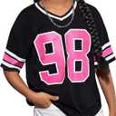 Verdusa Girl's Letter Print Loose T Shirt V Neck Half Sleeve Tee Tops (Black)