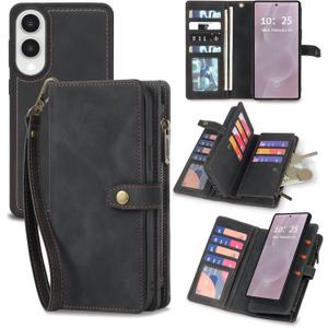 TwoHead for Samsung Galaxy S25 Edge Wallet Case with Card Holder, Detachable Magnetic Phone Case for S25 Edge,PU Leather All-Round Protective Phone Cover with Wrist Strap,6.7 in,Black