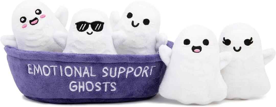 Emotional Support Ghosts by Relatable, Cuddly Plush Collectibles and Cute Stuffed Animals, Spooky Halloween Ghost Plushies and Fun Trick or Treat Toys, Includes 5 Plushies with Carrying Basket