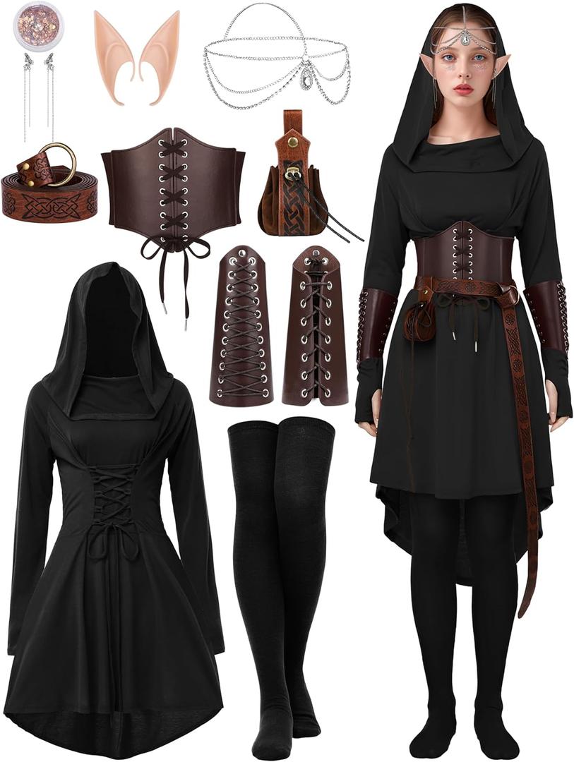 SOMSOC Women Renaissance Halloween Fairy Costumes Medieval Hooded Robe Lace Up Dress Accessories Set Cosplay (Small, Black)