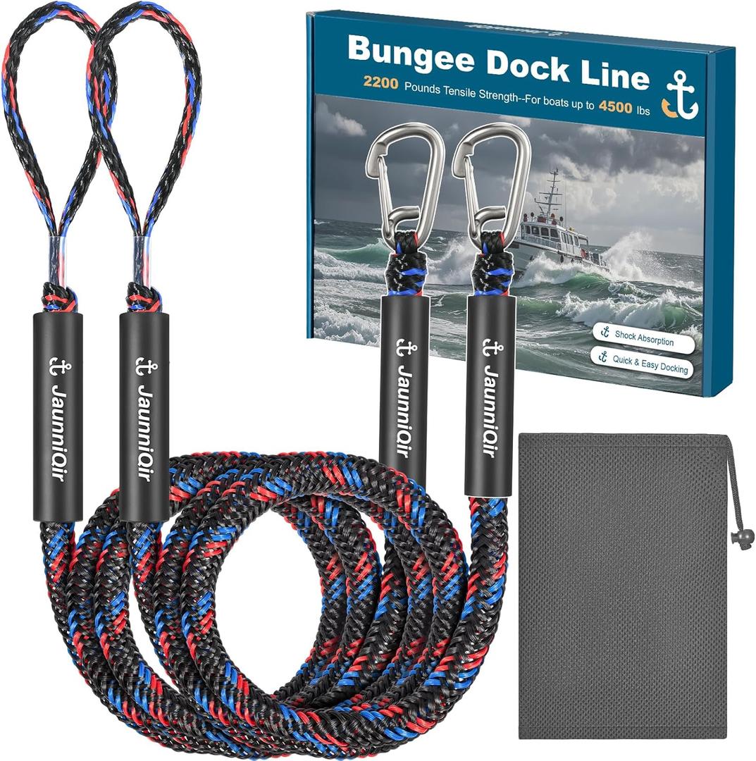 JaunniQir Bungee Dock Lines for Boats 7.2 Feet, 2 Pack Dock Lines with 316 Stainless Clips for PWC, Jet Ski, Kayak, Watercraft, Pontoon, Shock Absorbing Tie Off Downs Boat Mooring Ropes Accessories