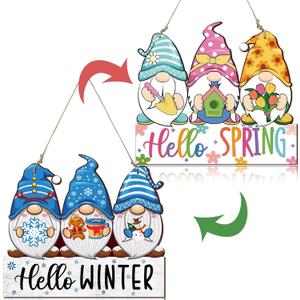 Reversible Hello Winter/Hello Spring Welcome Decor for Home Indoor Outdoor Gnome Flower Snowflake Door Sign Wall Door Hanger Winter Spring Decorative Wooden Sign Wall Plaque Holiday Wreath Wall Decor