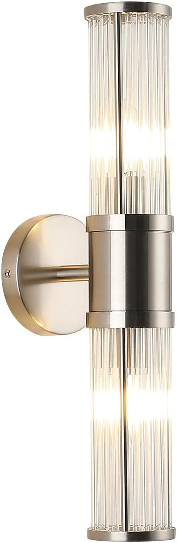 Brushed Nickel Wall Sconce with Glass Rods - Modern Industrial Vanity Light Fixture, E12 Candelabra Base for Bathroom, Bedroom & Hallway (Bulbs Not Included)