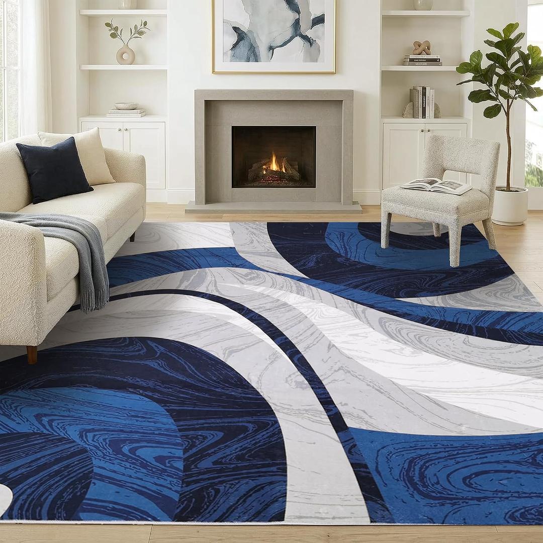 Washable Area Rug for Living Room, Indoor, Dining Room Soft Pile Non-Slip Rug for Kitchen Modern Contemporary Design Machine Washable Carpet, Foldable Rug, Easy to Clean (8X10-Dark Blue)