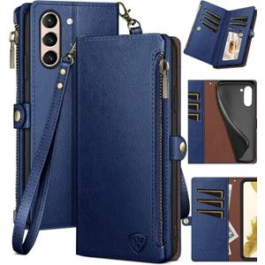 XcaseBar for Samsung Galaxy S21 Wallet case with Zipper Credit Card HolderRFID Blocking, Flip Folio Book PU Leather Phone case Shockproof Cover Women Men for Samsung S21 case Blue