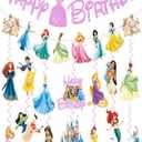 Princess Birthday Party Decorations Include 1pc Glitter Happy Birthday Banner,1pc Princess Banner and 14pcs Cute Hanging Swirls for Girls, Pre-Assembled Party Decorations