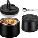 14oz Insulated Vacuum Food Jar with Buckle Lid,Soup Thermo for Hot Food Kids,Wide Mouth Leakproof Stainless Steel Lunch Container with Spoon-Black