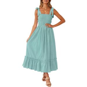 ZESICA Women's 2025 Summer Boho Spaghetti Strap Square Neck Solid Color Ruffle A Line Beach Long Maxi Dress (Sage, Large)