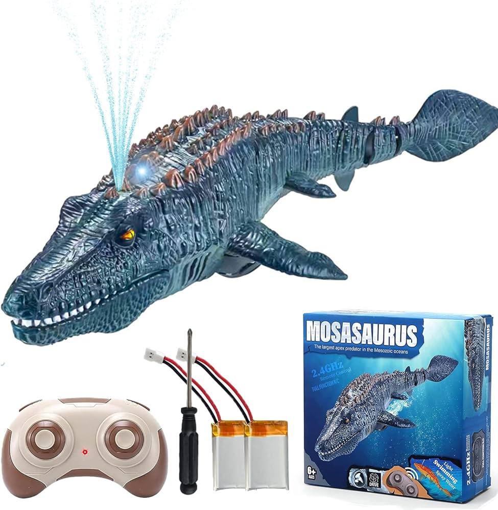 Akargol 2.4G Remote Control Dinosaur Toys for Kids, High Simulation Mosasaurus Toys RC Boat with Light and Spray Water for Swimming Pool Lake Bathroom, Bath Toys (with 2 Batteries)