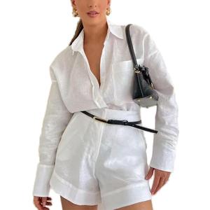 Geulis Womens 2 Piece Outfits Button down Shirts High Waisted Shorts Sets | Long Sleeve Tops,Collared Blouses,With Side Pockets,Lightweight Matching Set for Vacation,Brunch and Casual Wear (White, XXL)