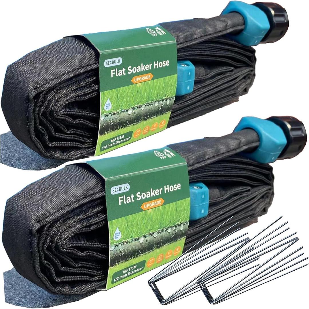 2026 Flat Soaker Hose 20 ft wth Stakes for Garden, 10ft x 2 Linkable Drip Hose Diy Garden Irrigation System Saving 80% Water, Dual-layer Leak-free Design Water Hose with Holes