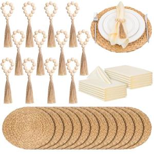 Gejoy 36 Pcs Boho Woven Placemats Wood Bead Napkin Rings with Dinner Napkins Cloth 13.8 Inch Round Water Hyacinth Placemat Farmhouse Rustic Table Chargers Wooden Dinner Ring for Wedding Thanksgiving