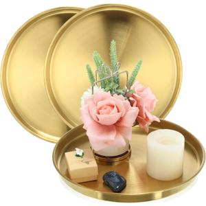 Thenshop 3 Pcs 12 Inch Gold Round Serving Tray Stainless Steel Circle Decorative Vanity Gold Plate Metal Jewelry Makeup Organizer Dishes for Gift Wedding Coffee Table Bathroom Dessert Christmas