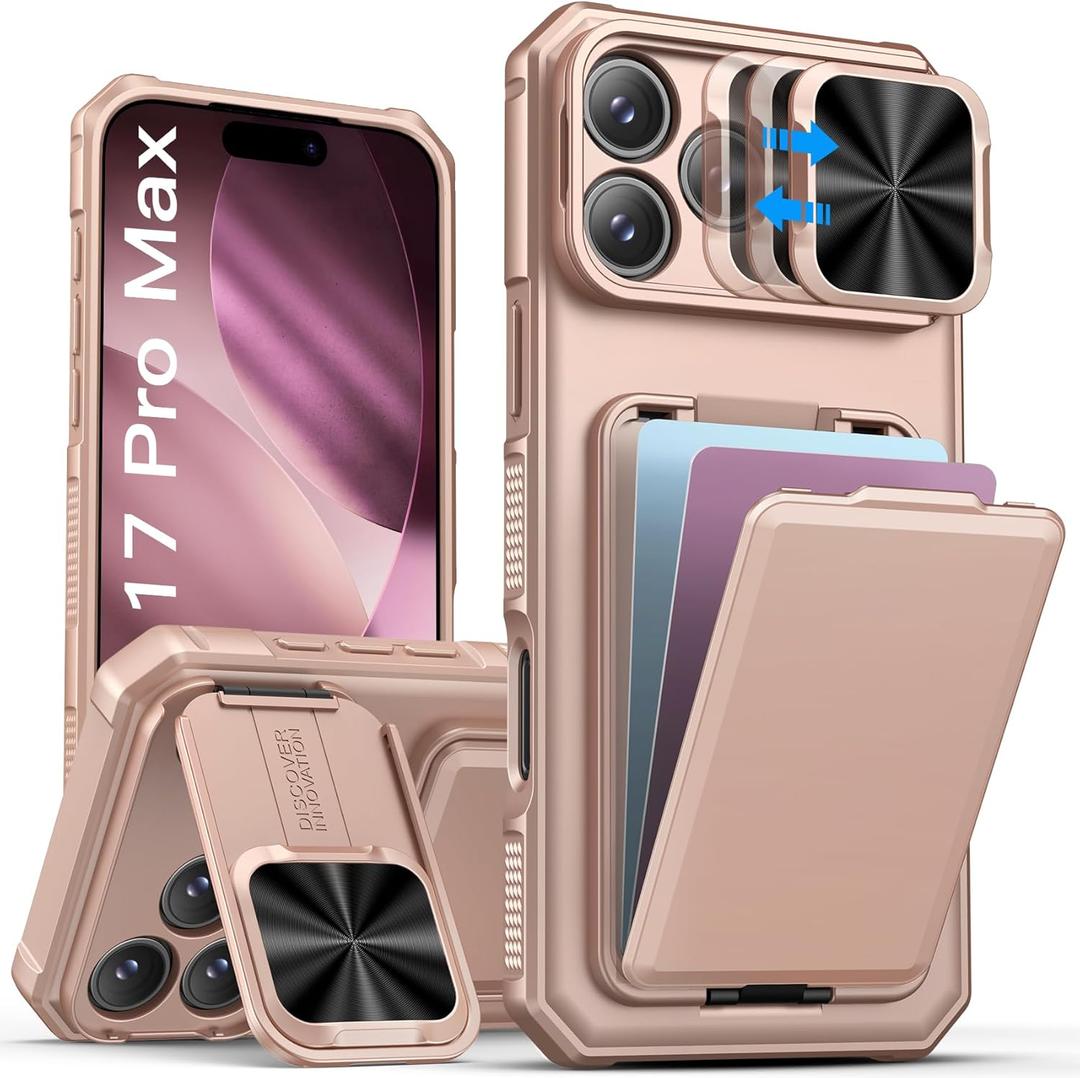 Slotcase for iPhone 17 Pro Max Case with Wallet & Sliding Lens Cover & Kickstand & Credit Card Holder & Camera Stand, Military-Grade Protection Phone Case Cover for iPhone 17 Pro Max 2025, Rose Gold