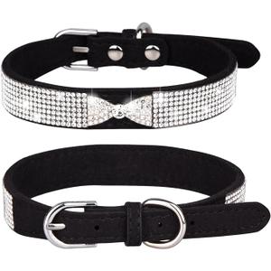 Rhinestone Dog Collar, Cute Dazzling Sparkling Soft Suede Leather Dog Cat Rhinestone Collar Crystal Diamond Pet Dog Puppy Collar (L, Black-2)