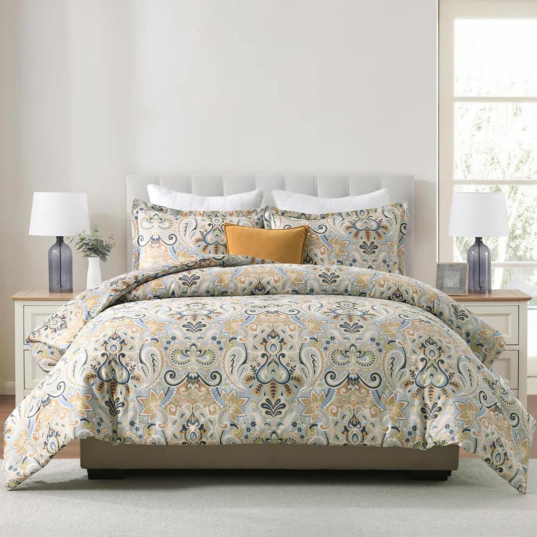 Finlonte Damask King Comforter Set, 100% Cotton Paisley Floral Comforter Bedding Set, Luxury Ethnic King Size Bed Set, Fluffy Lightweight Quilted All Season, Grayish Blue/Brown