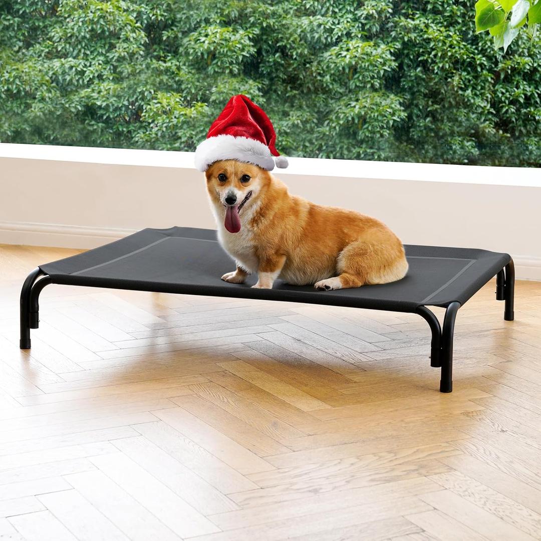 Elevated Dog Bed Raised Outdoor Dog Cot for Medium Dogs, Installation Requires No Tools, Frame with Washable Cooling Breathable Mesh Anti-Slip Feet, Indoor Pet Bed, Black, 35.4 Inches
