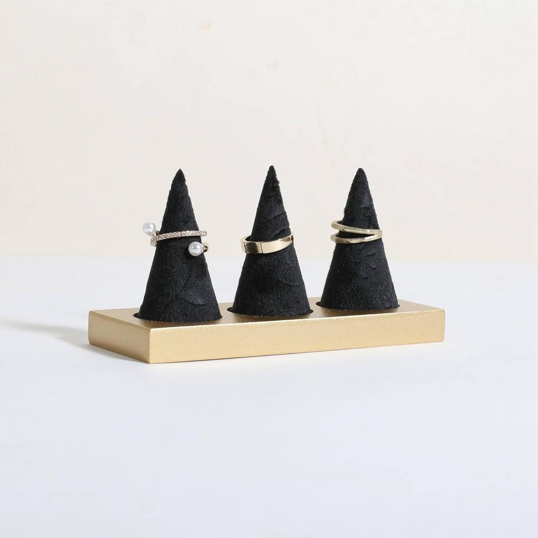 GemeShou black jewelry ring display holder for selling, velvet ring cone display stand, cute cone shaped ring holder with golden coated base,Small jewelry ring storage organizerRing holder-black (Medium)
