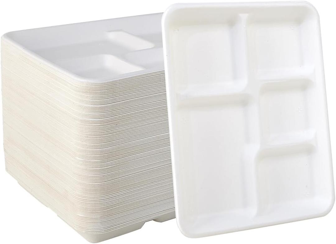 Vplus 100% Compostable 5 Compartment Plates 125 Pack Eco-Friendly Disposable Sugarcane 10 x 8 inch Bagasse School Lunch Tray Perfect for Boys and Girls
