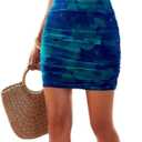 BEAUDRM Women's Tie Dye Strapless Backless Bandeau Pencil Dress Knit Mesh Bodycon Tube Dresses Ruched Mini Dress (Blue, XL)