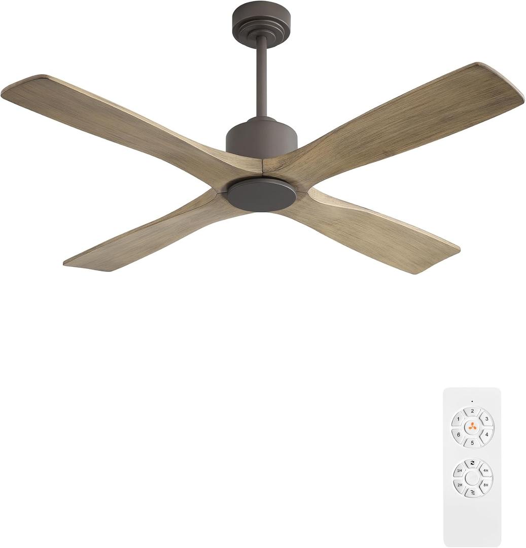 WINGBO 48 Inch DC Ceiling Fan without Lights, 4 Carved Solid Wood Blades, 6-Speed Noiseless Reversible DC Motor, Modern Ceiling Fan No Light with Remote, Graphite Finish with Gray Blades, ETL Listed