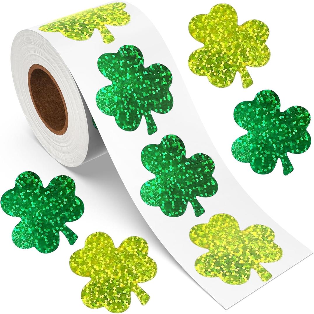 St Patricks Day Stickers, Shamrock Stickers Roll, Holographic Sparkly St. Patrick's Day Saint Patricks Day's Lucky Clover Self-Adhesive Laser Seal Labels Decor For Irish Party Envelope Cards Gift Bags