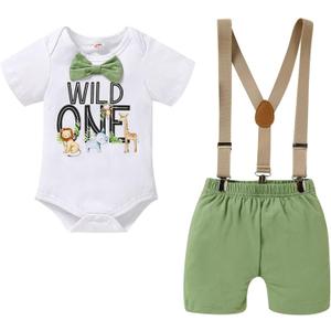 GRNSHTS Baby Boy Funny First Birthday Clothes Infant Boy Bow Tie Romper Bodysuit Cake Smash Outfits (Green, S)