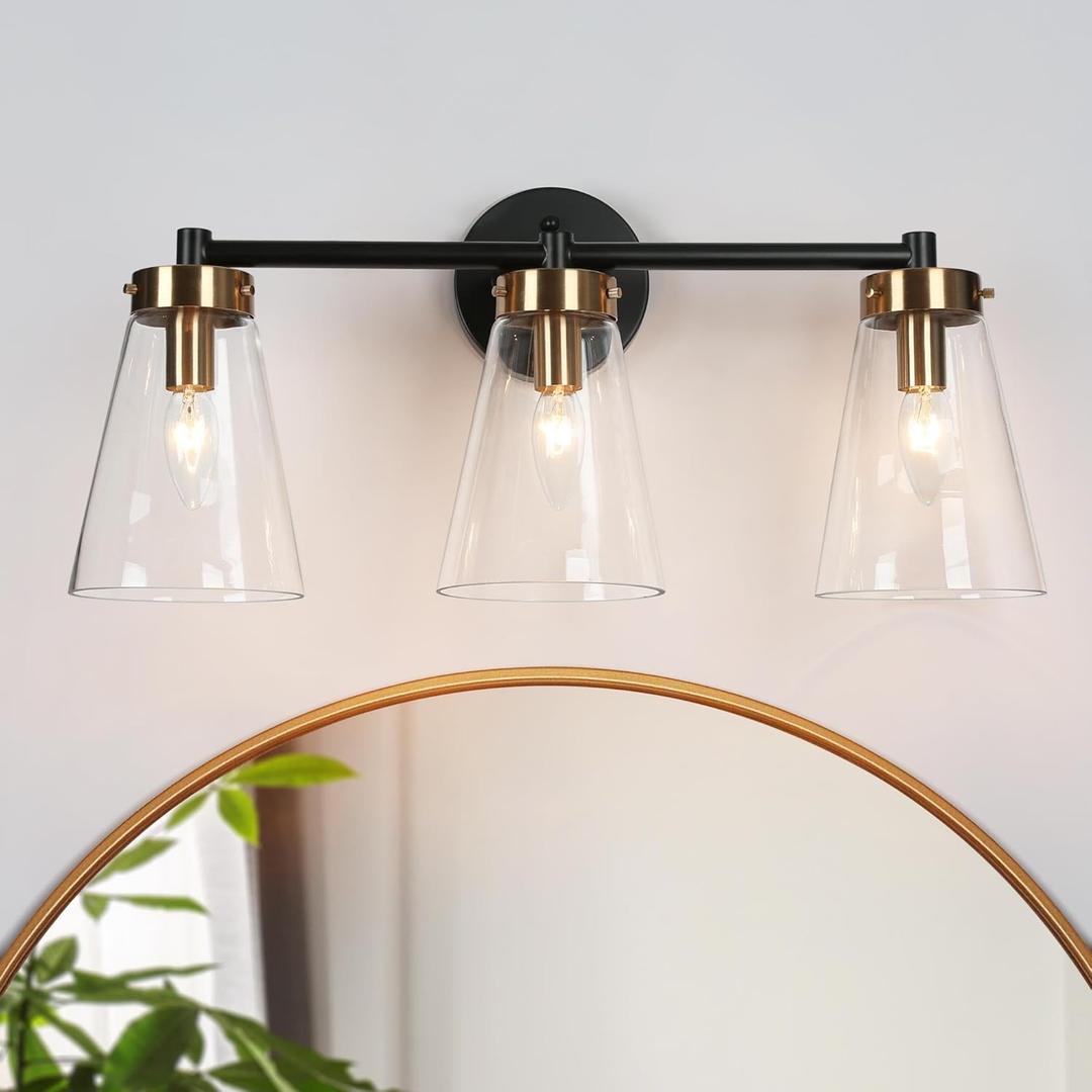 3-Light Bathroom Light Fixtures, Black & Gold Bathroom Vanity Light, Modern Bathroom Wall Lights with Clear Glass Shade, Bathroom Wall Lamp for Mirror Hallway Cabinet