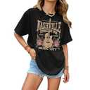 KIEKIECOO Oversized Rock Band T Shirts for Women Nashville Music City Tshirt Vintage Guitar Graphic Tees Country Concert Tops(Black,L)