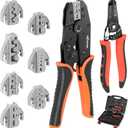 KF CPTEC Crimping Tool Set 9 PCS - Ratcheting Wire Crimper with Interchangeable Jaws for Heat Shrink, Open Barrel, Insulated & Non-Insulated Ferrules, Solar Connectors