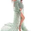 Saslax Lace Off Shoulder Doubly Split A-line Skirt Maternity Dress Soft Stretchy Pregnancy Prop Maxi Gown for Photoshoot Sage X-Large