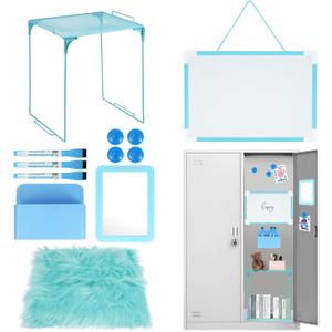 12 Pcs Locker Organizer and Decorating Kit, First Day of School Essentials for Girl Marble Print Whiteboard with Markers Locker Shelf Plush Area Rug String Light Mirror Magnetic Cup and Magnet (Blue)