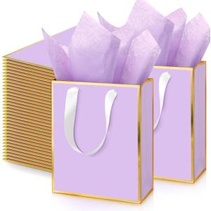 Yeaqee 50 Pack Metallic Gift Bags with Handle and Tissue Paper Gold Foil Thank You Bag for Graduation Wedding Groomsmen Bridal Baby Shower Gifts Holiday Party Favors 9x7x3.15'' (Lavender Purple)
