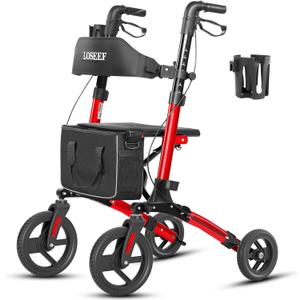 Foldable Rollator Walker with 10 Front Rubber Wheels, All-Terrain Rollator Walker with Seat, Adjustable Backrest and Handles, 350 Lb, Cup Holder, Lightweight 4 Wheel for Seniors Red