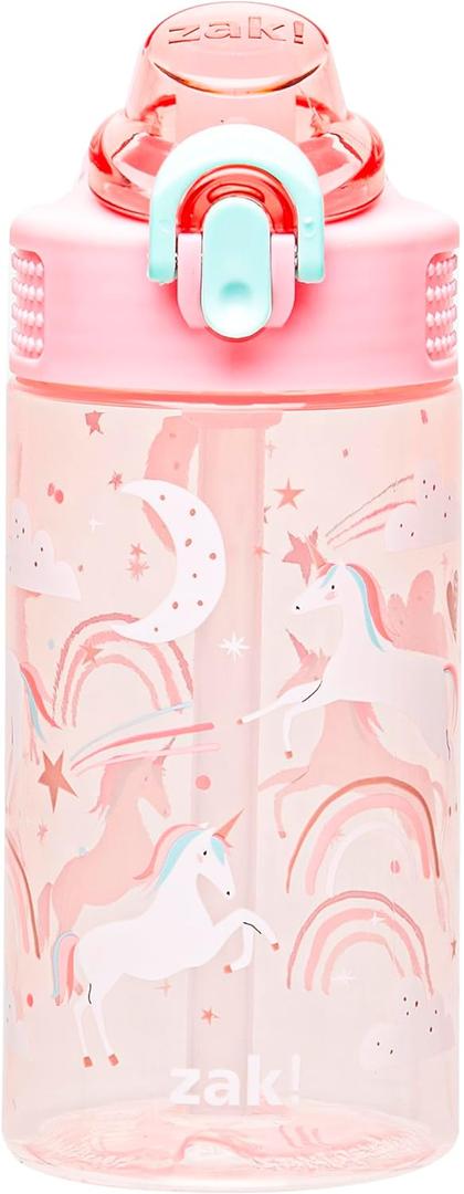 Zak Designs Sage Water Bottle For School or Travel, 16oz Durable Plastic Water Bottle With Straw, Handle, and Leak-Proof, Pop-Up Spout Cover (Fanciful Unicorn)