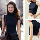 v28 Women Sleeveless High Neck Turtleneck Stretchable Knit Sweater Top (Blue, XL)