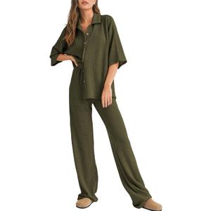 SHEWIN Women's 2 Piece Outfits Waffle Knit Lounge Sets Casual Short Sleeve Button Down Sleepwear Pajamas Set (XXL)