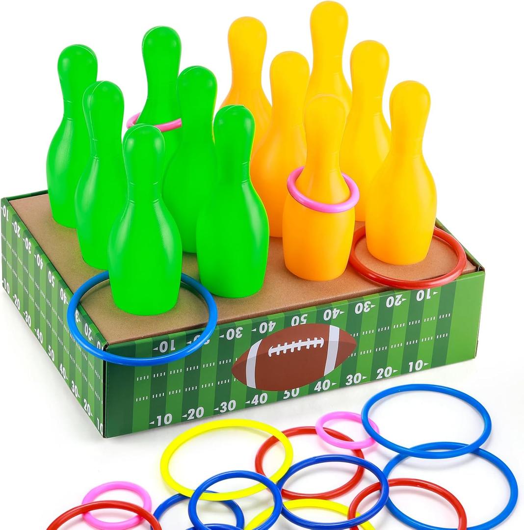 Leitee 45 Pcs Football Games Ring Toss Games Bowling Set Include 1 Football Box 12 Plastic Bowling Pins 32 Throw Toss Rings for Football Birthday Party Family Games Supplies