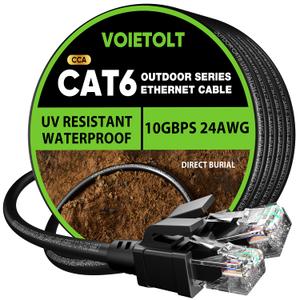 Cat 6 Outdoor Ethernet Cable 200 ft, 24AWG 10Gbps Cat6 Cable Cord Waterproof Direct Burial LLDPE UV Jacket, Internet Network Cable with 60 Ties Support Cat6 Cat5e Cat5, CCA, UTP for PC