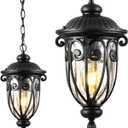 VIANIS Black Outdoor Pendant Light Lantern, Modern Chandelier, Handcrafted Hanging Lights with Seed Glass, Outdoor Ceiling Lights for Porch, House, Doorway, Garden, Entryway (Medium Size)